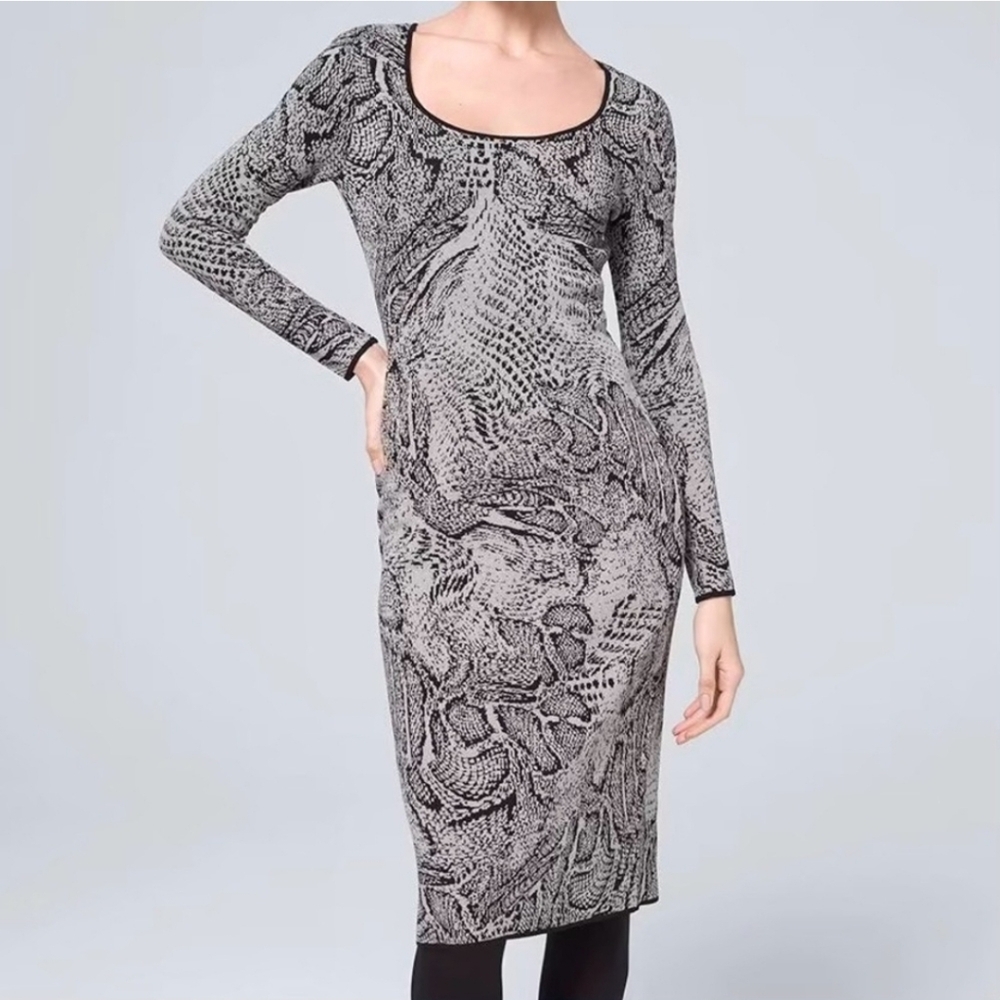 WHITE HOUSE BLACK MARKET Stretch Knit Midi Snake Dress SZ XS Petite Gray